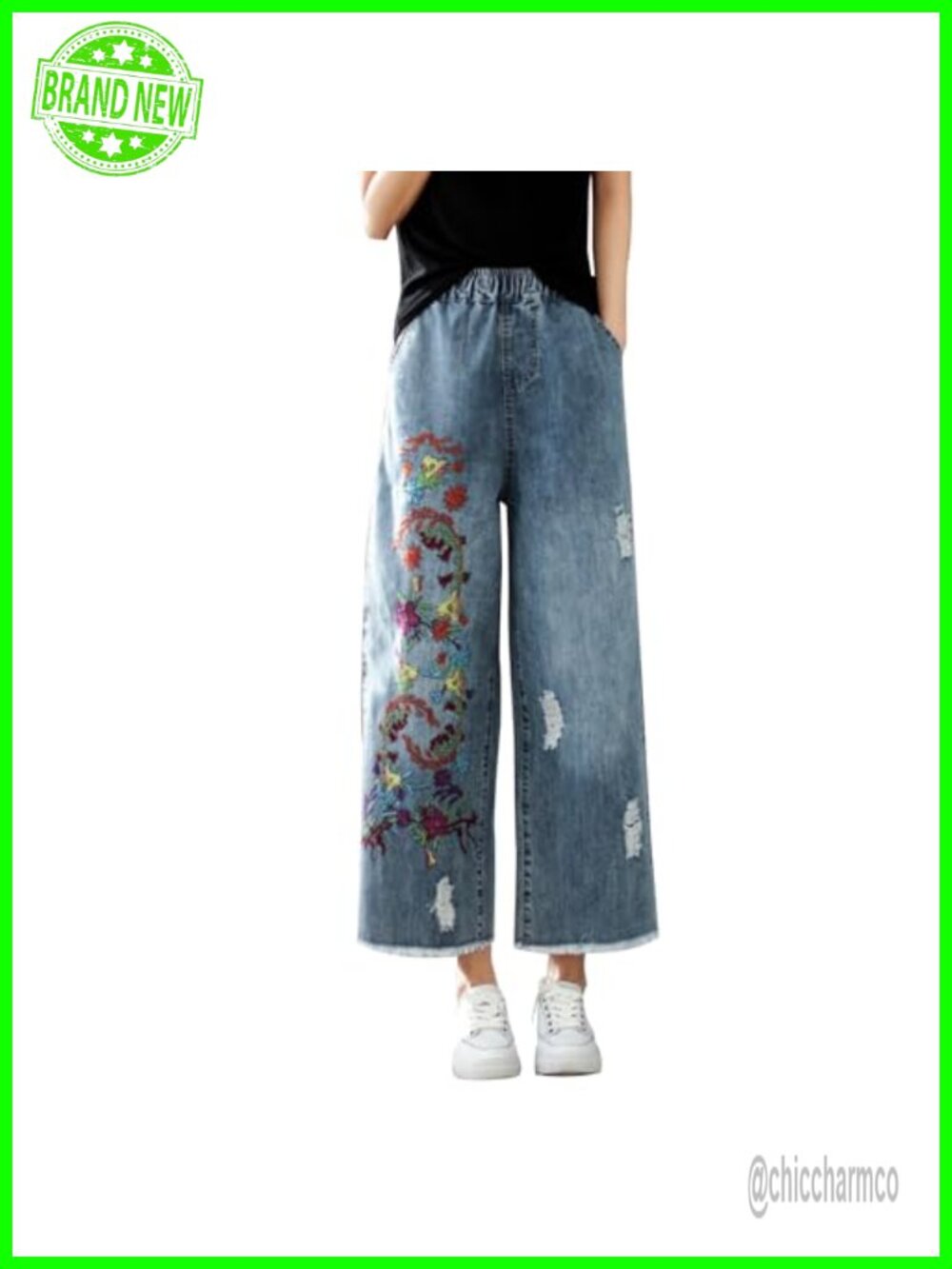 Aricaca Ripped Loose Wide Leg Jeans High Waist Embroidery Casual
